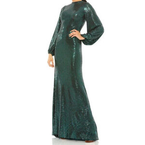 New Mac Duggal Leena Gown 6 Green Sequins Disco Stretch Blouson Sleeve 26576